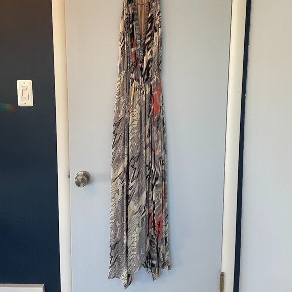 Chelsea Flower Multi-color High/Low Dress With Beaded Plunge Neckline - Picture 2 of 9